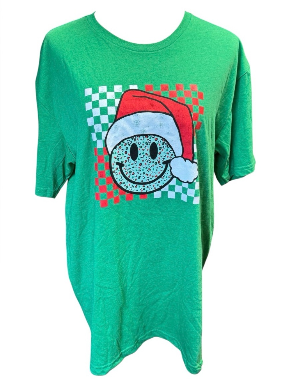 NWT Halo festive Santa hat atop a leopard-print smiley face graphic top SZ XL